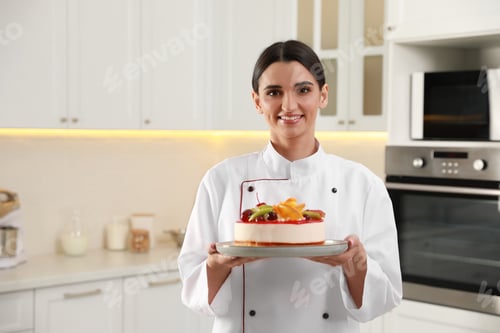 Preview: Happy professional confectioner holding delicious cake in kitchen