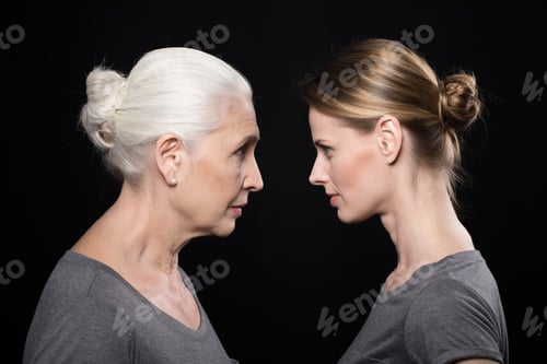 Preview: women looking at each other, young and senior people isolated on black