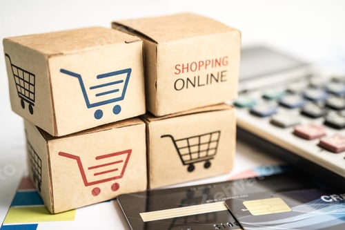 Preview: Shopping online box with credit card and calculator on graph. Finance commerce import export