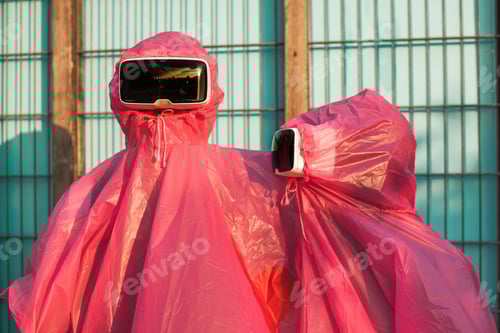 Preview: Closeup shot of two people in pink plastic raincoats and VR headsets