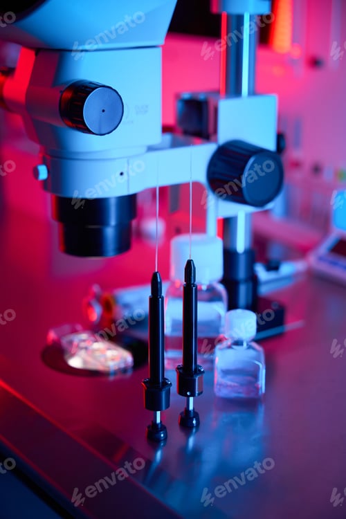 Preview: Microscope setup illuminated by red and blue lab lights