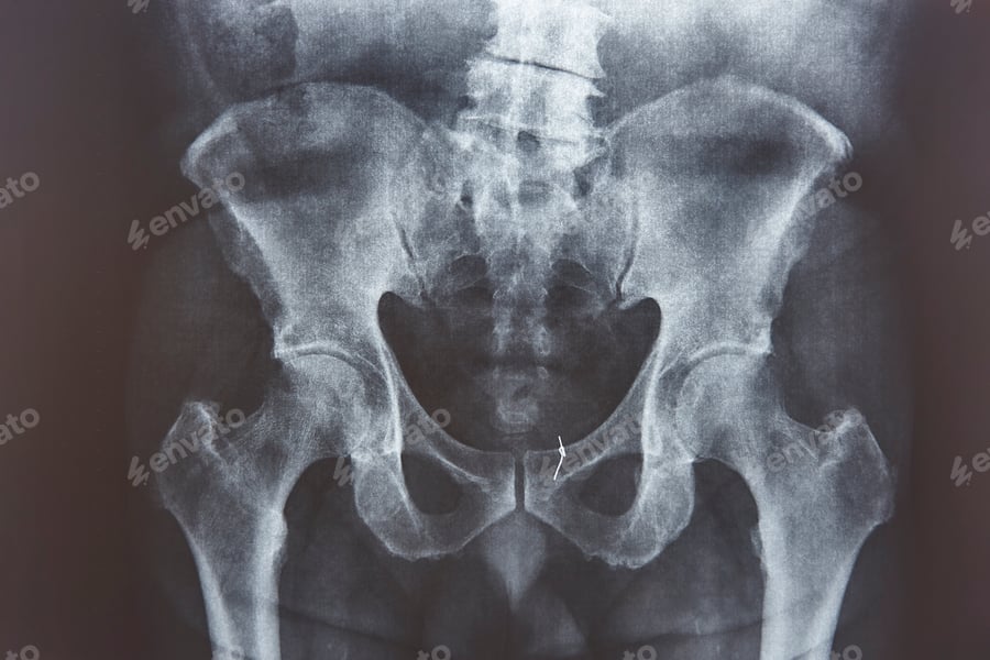Cover for Hip xray. Gold thread attached on the bone. Cancer treatment