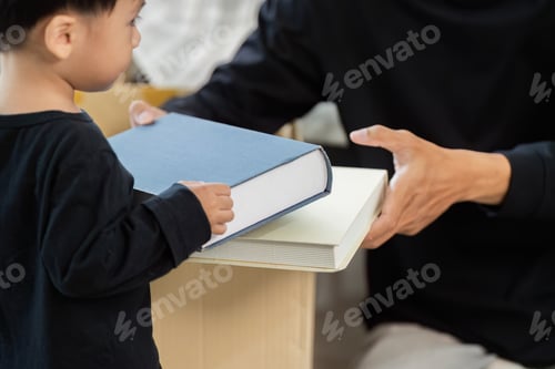 Preview: Parent-Child Bonding: Young Boy Helping with Moving Books
