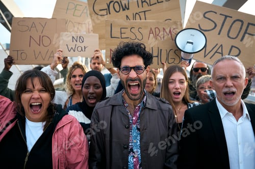 Preview: Multiracial diverse ages people protesting against war and violence in the world. Group of activists