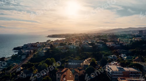 Preview: Aerial view from the sea over the city of Genoa, Italy. Suspended highway and infrastructure