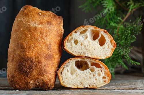 Preview: Ciabatta Homemade Italian Bread Recipe Portion On The Table Serving Healthy Meal Snack Ingredient