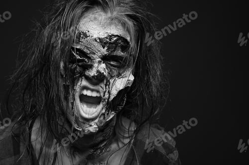 Preview: Scary zombie on dark background, black and white effect. Halloween monster