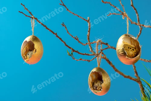 Preview: Colored Easter eggs hanging on dry branches. Easter concept
