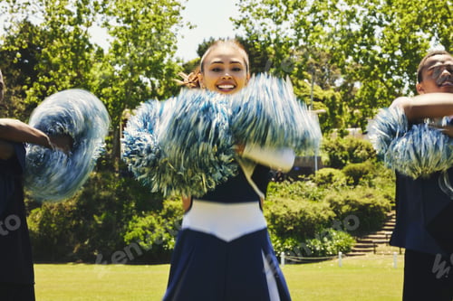 Preview: Cheerleader, dancing and field in university in sport, fitness and energy at competition in team. W
