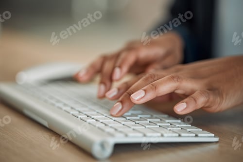 Preview: Hands, trader or woman typing on computer working on email or research project on keyboard. Keyboar