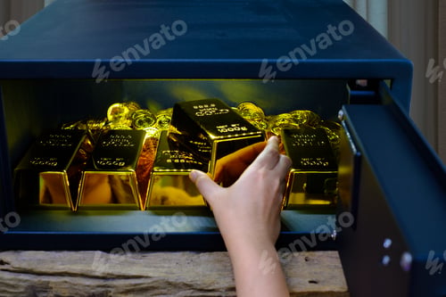 Preview: Hand open electronics steel safe box full of coins stack and gold bar