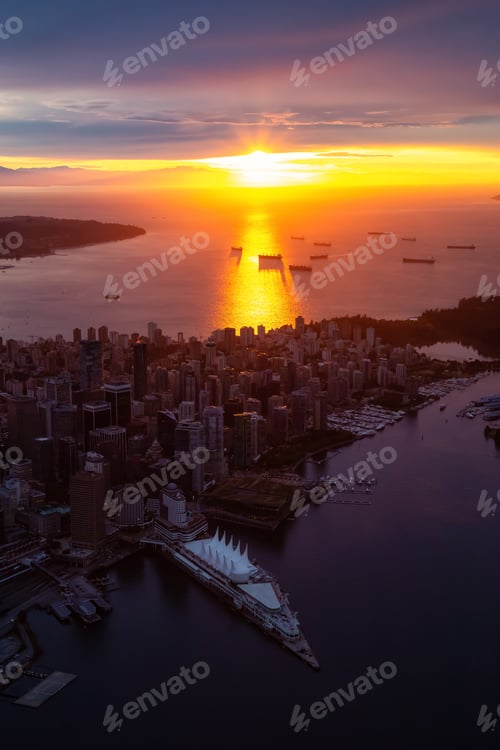 Preview: Aerial Cityscape of Vancouver Downtown. Modern City at Golden Sunset