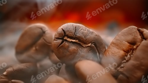 Preview: Close up of seeds of coffee. Fragrant coffee beans are roasted smoke comes from coffee beans.
