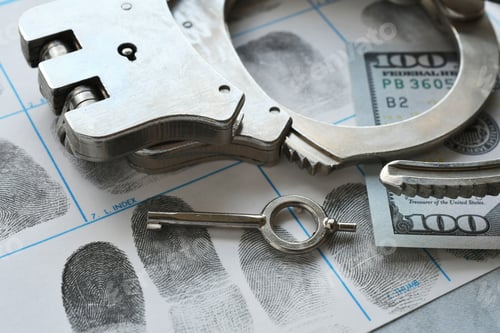 Preview: Handcuffs laying on fingerprint card with money - concept for arrest bail money