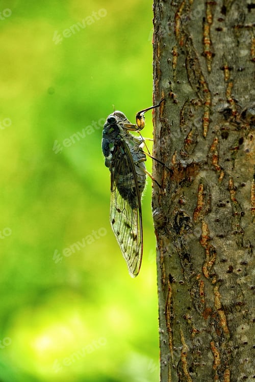 Preview: Vertical shot of a cicada on a tree trunk
