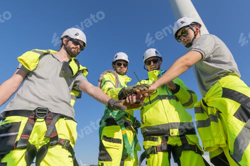 Preview: Engineer Join Hands Showing Their Teamwork at wind turbines field
