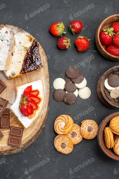 Preview: top view cake slices with chocolate bars and cookies on a grey background biscuit fruit sweet pie