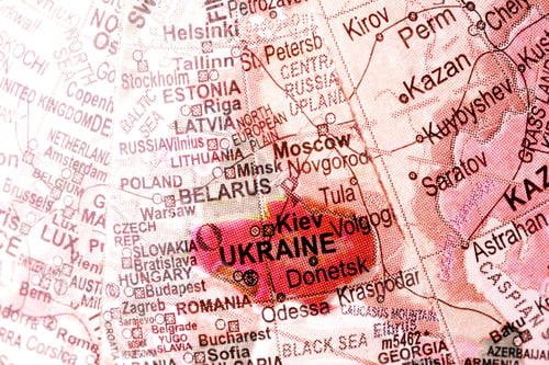 Preview: Ukraine marked with red color on the map. Stop war. No war.