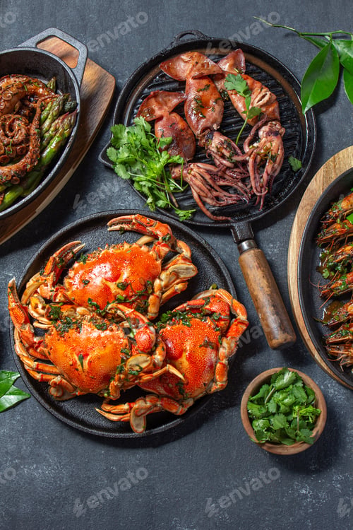 Preview: Set table with seafood dishes and white wine. Top view