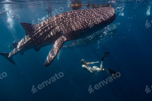 Preview: Female diver under the water with whale sharks (Rhincodon typus)