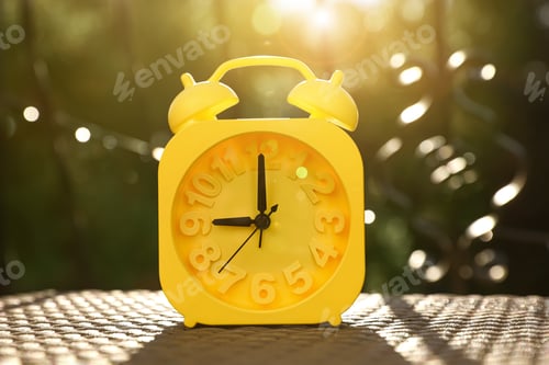 Preview: Yellow alarm clock on table outdoors at sunny morning