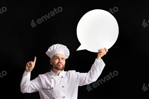 Preview: Funny Chef Holding Empty Speech Bubble Having Idea, Studio, Mockup