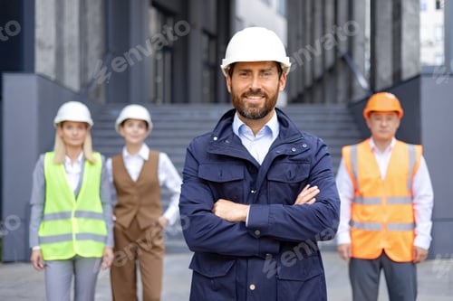 Preview: Confident construction manager with team in safety gear at modern building site