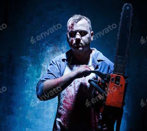 Preview: Bloody Halloween Theme: Crazy Killer As Butcher With Electric Saw
