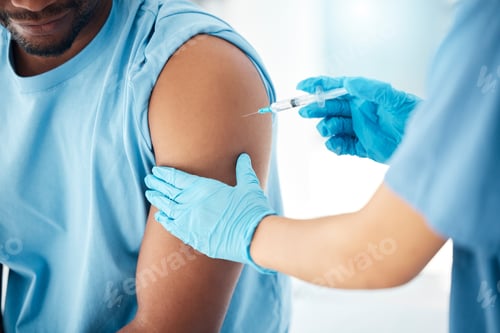 Preview: Covid vaccine, hands and doctor with man in hospital for healthcare, safety and disease prevention.