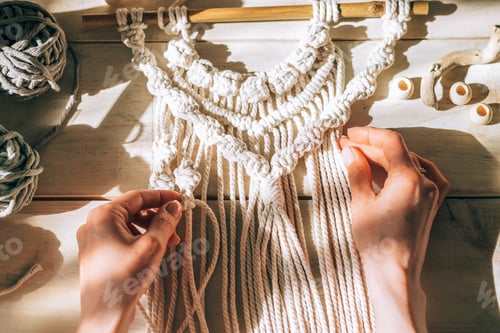 Preview: Close up of women's hands weaving macrame in a home workshop,top view.Handmade concept.Home decor.