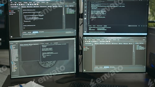 Preview: Empty data room with computer screens on desk