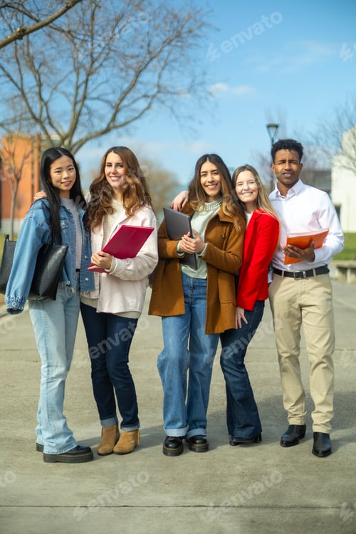 Preview: Happy students standing together on university campus