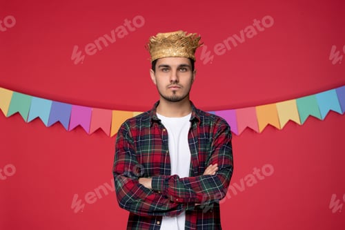 Preview: festa junina cute happy guy wearing straw hat celebrating brazilian festival crossed hands
