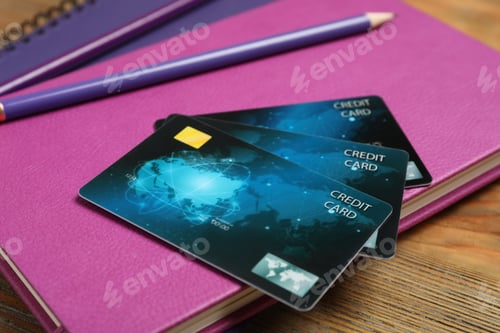 Visualização: Notebooks, pencils and credit cards on wooden table, closeup