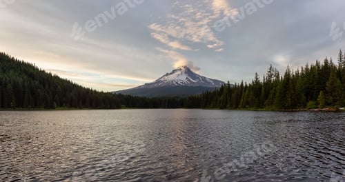 Preview: Panoramic Landscape View of Mt Hood during a dramatic cloudy sunset