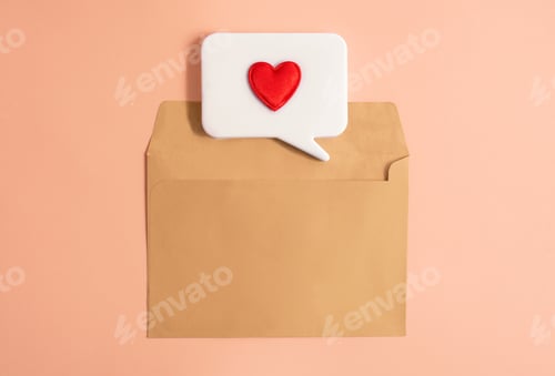 Preview: An envelope with a chat cloud on a light background.Valentine concept.Online messages