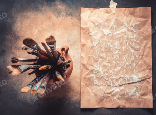 Preview: Paint brush as art painter tool on abstract background texture. Paintbrush and piece of paper
