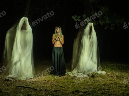 Preview: woman in the forest between two ghosts watching her