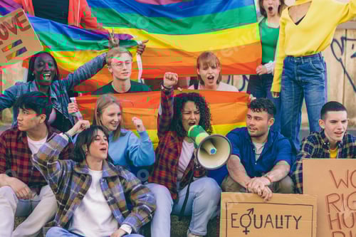 Preview: Young activists protesting for equality and lgbtq+ rights with rainbow flags and megaphone