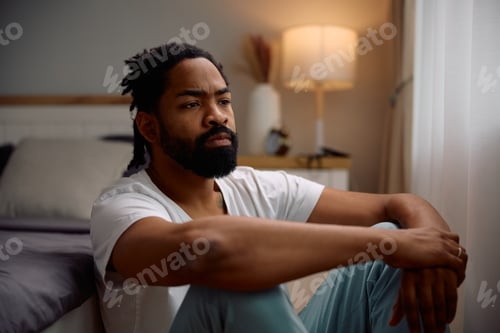 Preview: African American man thinking of something while sitting in bedroom.