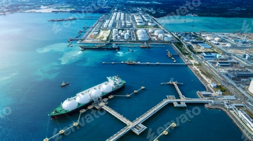 Preview: LNG (Liquified Natural Gas) tanker anchored in Gas terminal gas tanks for storage. Oil Crude Gas
