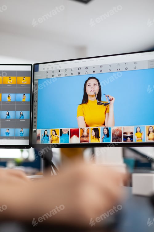 Preview: Close up of woman editor retoucher holding stylus pencil moving on graphic tablet