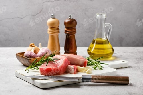 Preview: Raw pork fillet cut on slices on kitchen table with spice