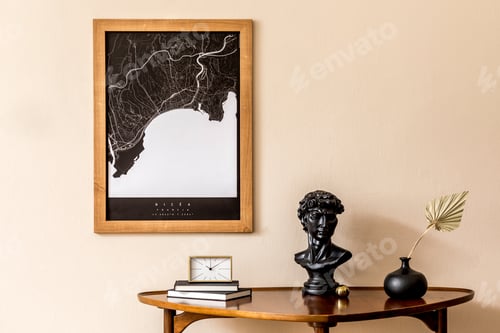 Preview: Interior design of sitting room with stylish wooden table.