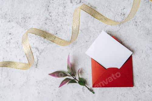 Preview: A blank card with red envelope and leaf is placed on white background