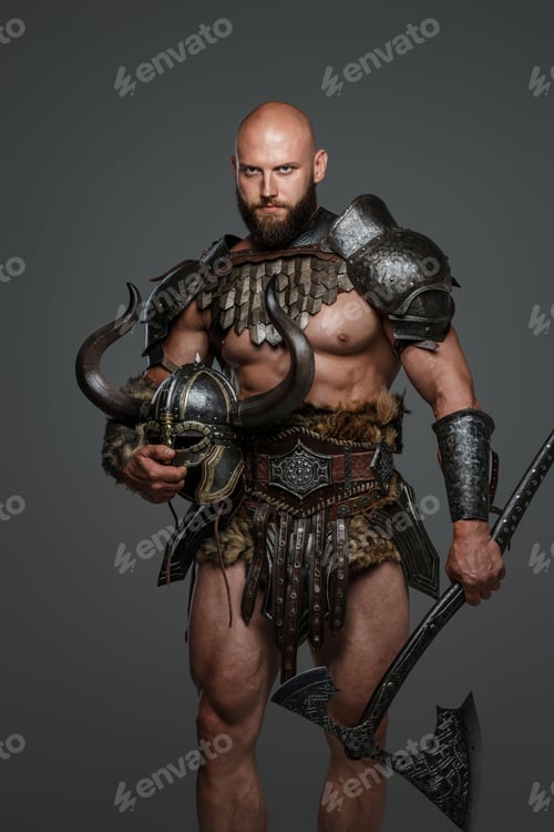 Preview: Bald bearded viking in lightweight fur-lined armor holding large two-handed axe