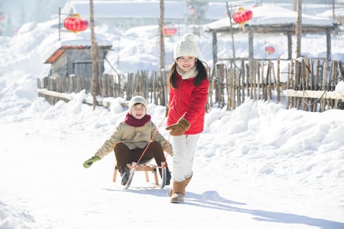 Preview: Happy children playing with sled in the snow