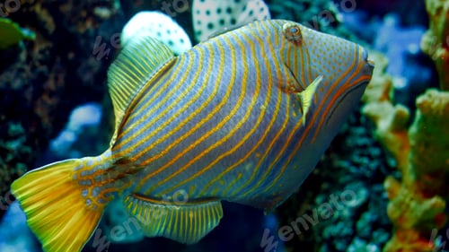 Preview: Closeup of tropical fish swimming between corals in fish tank