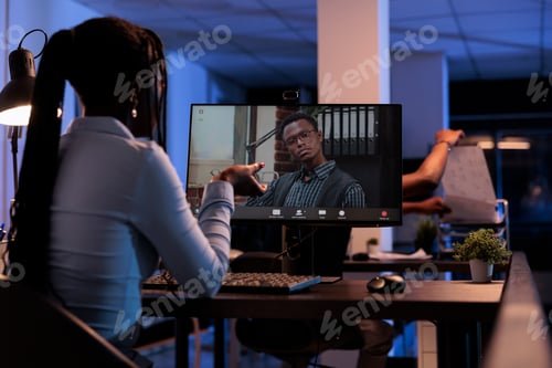 Preview: African american woman meeting with man on remote teleconference