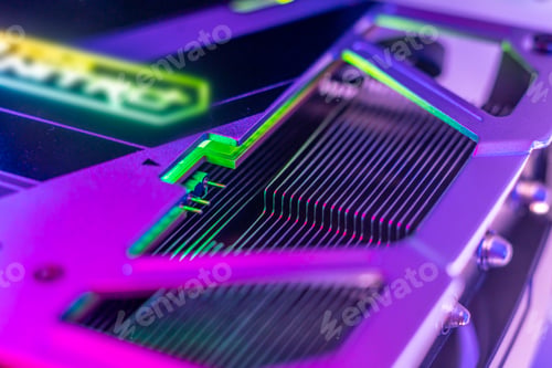 Preview: macro view of the computer radiator to deal with the heat, abstract view with rgb color light